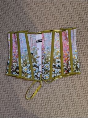 Floral Painted Underbust Corset in Olive Trim